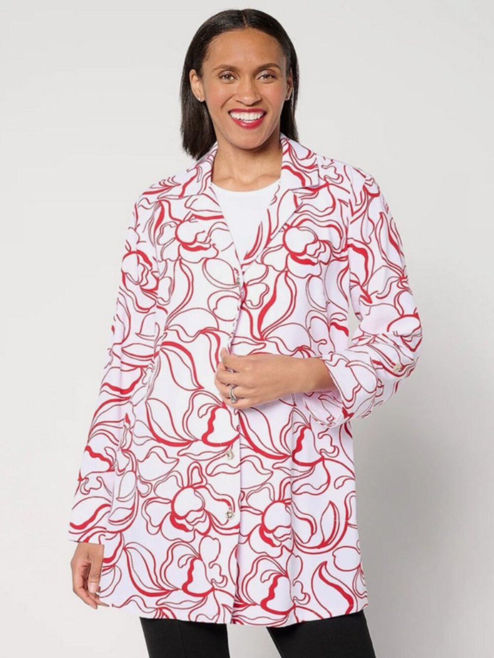 Dennis Basso Printed Italia Knit Button Front Tunic White Red Fire Size XS